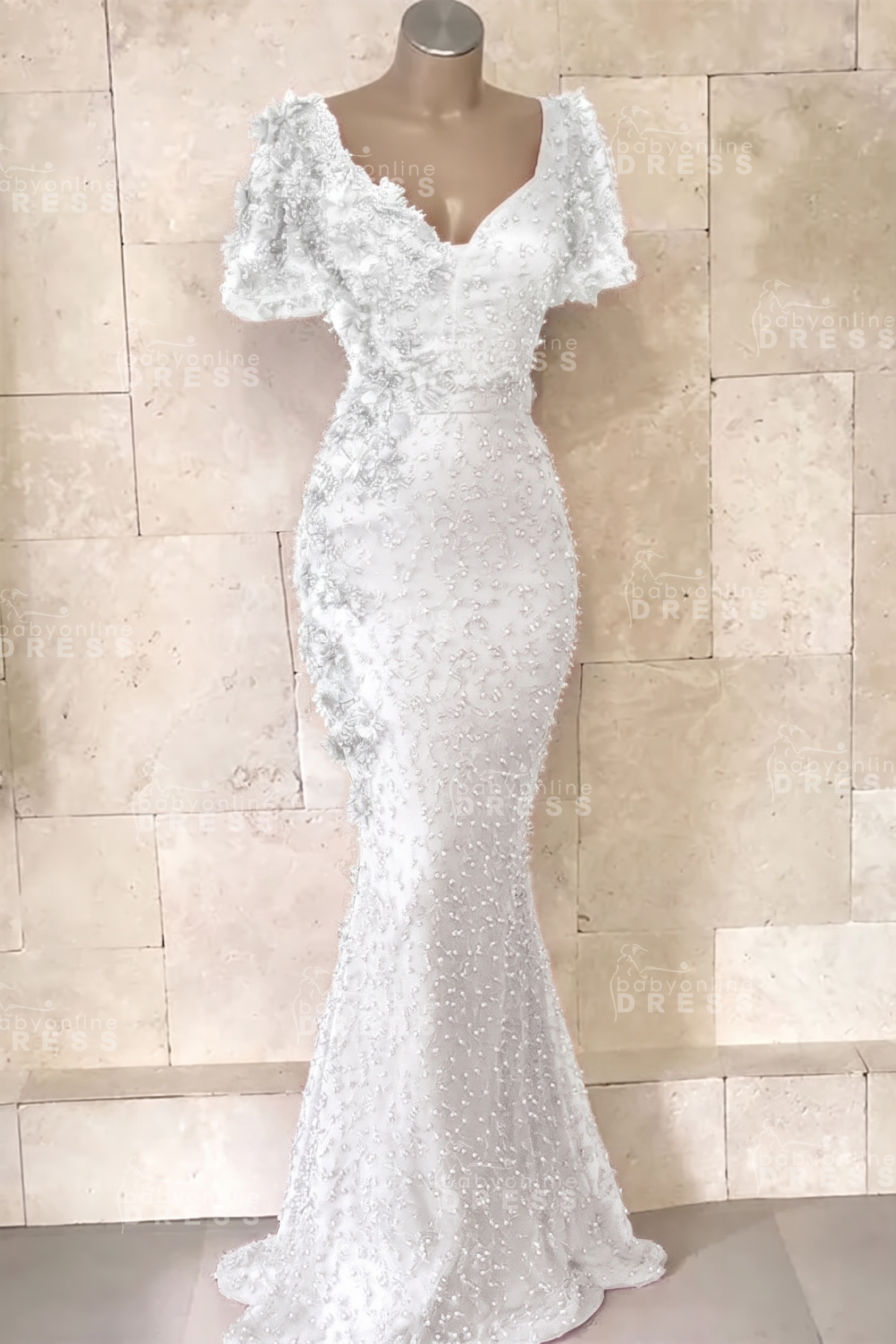 Glamorous V-Neck Short Sleeves Beading Flower Mermaid Floor-Length Prom Dresses