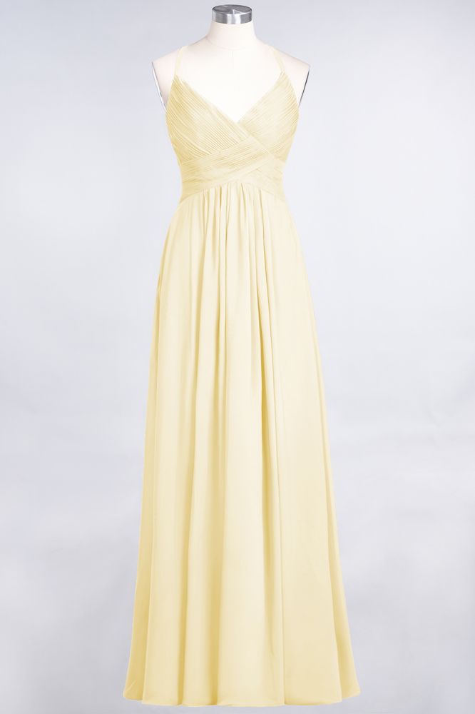 Chiffon A-Line Spaghetti-Straps V-Neck Sleeveless Long Bridesmaid Dress with Ruffles