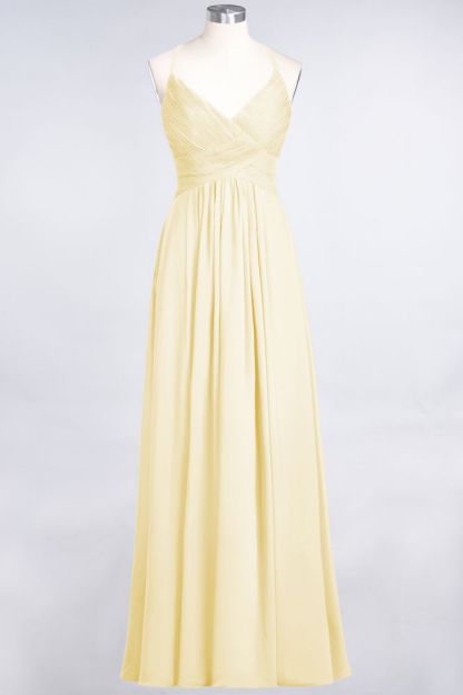 Chiffon A-Line Spaghetti-Straps V-Neck Sleeveless Long Bridesmaid Dress with Ruffles