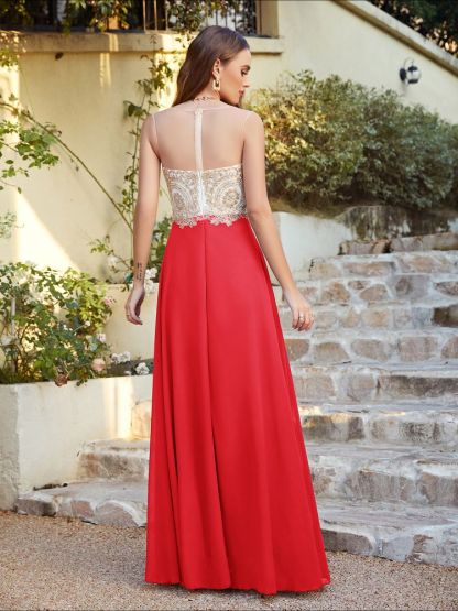 Sleeveless Lace Appliques Long Prom Dresses Chiffon Evening Party Gown