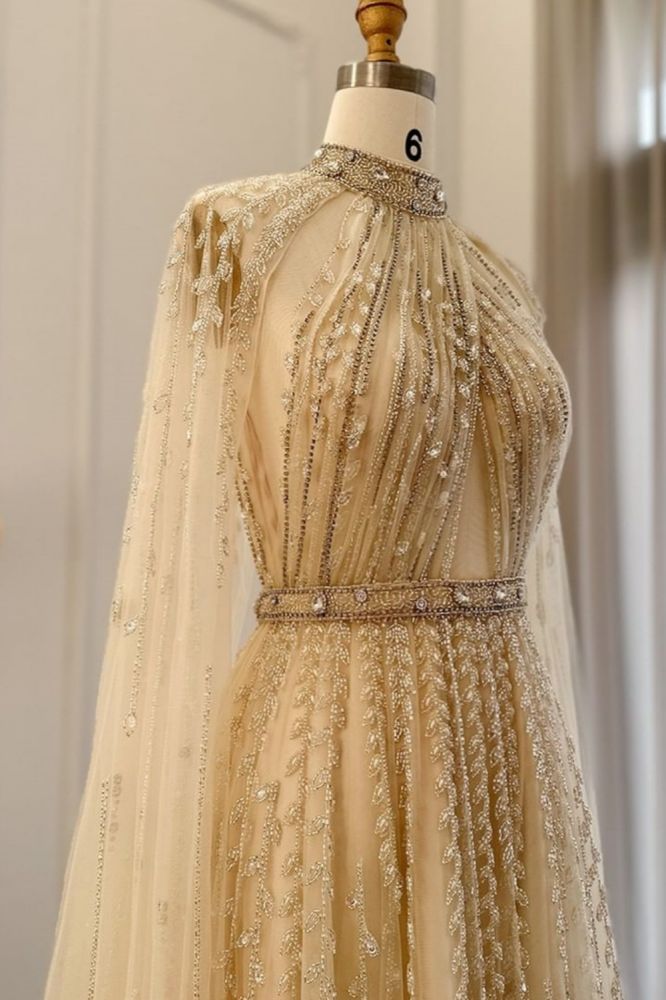 Halter Tulle Beadings Floor-Length Evening Dress with Cap Sleeves Tulle Party Dress