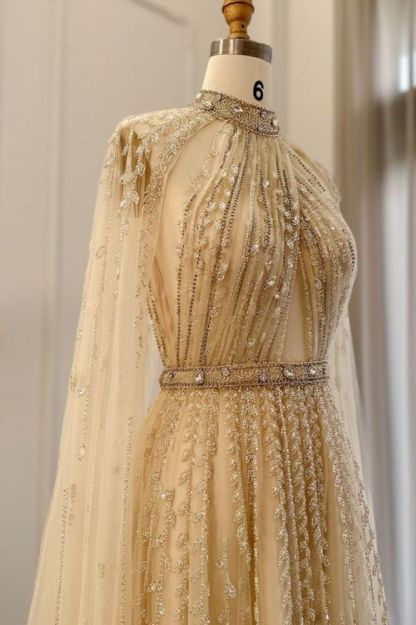 Halter Tulle Beadings Floor-Length Evening Dress with Cap Sleeves Tulle Party Dress