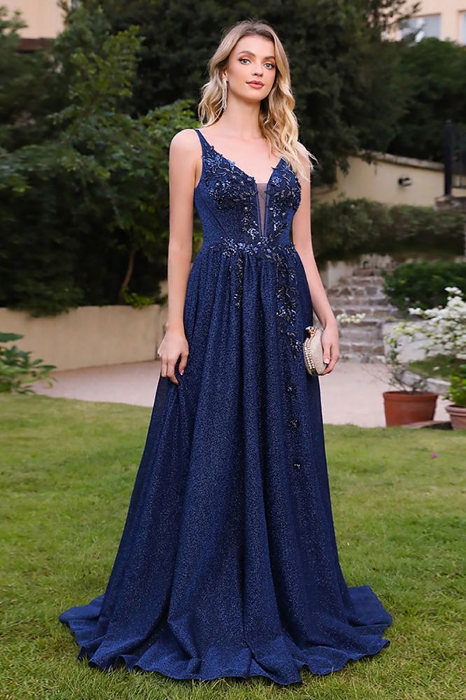 Stunning Sleeveless Dark Navy A-line Evening Dress Glitter Simple Lace Appliques Formal Dress