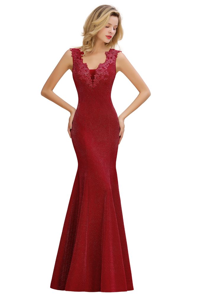 Sparkly Deep V-neck Long Evening Dresses | Elegant Flowers Neck Sleeveless Pink Floor-length Formal Dress-Babyonlinewholesale
