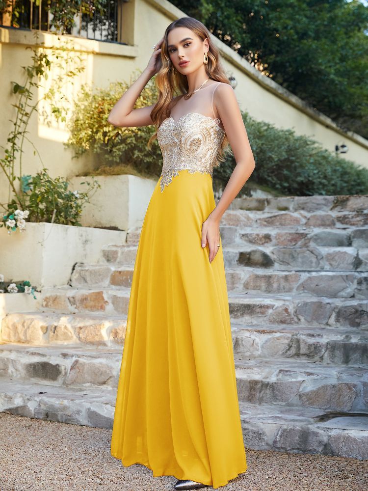 Sleeveless Lace Appliques Long Prom Dresses Chiffon Evening Party Gown