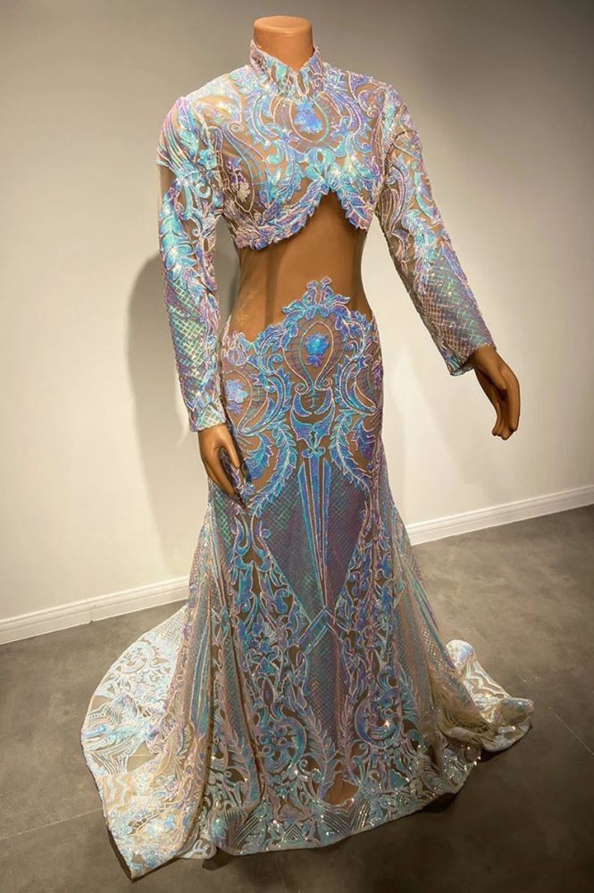 Two piece sparkle sequin white prom dress