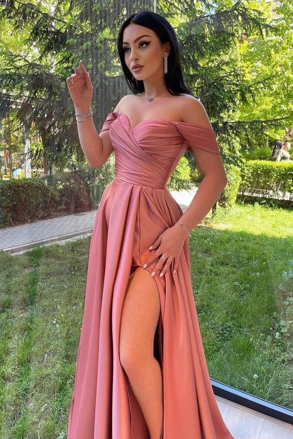 Off-the-Shoulder Ruched Satin Long Evening Party Dress with Side Split