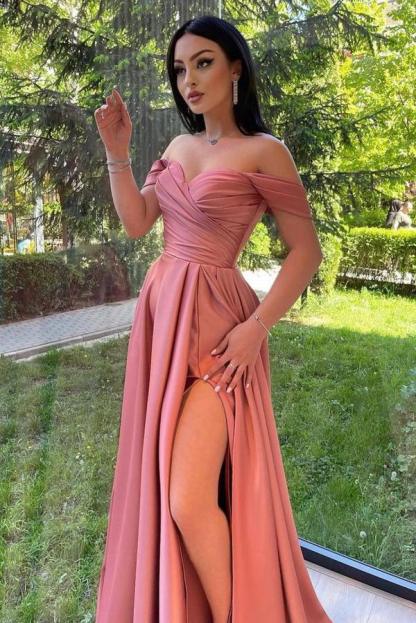 Off-the-Shoulder Ruched Satin Long Evening Party Dress with Side Split