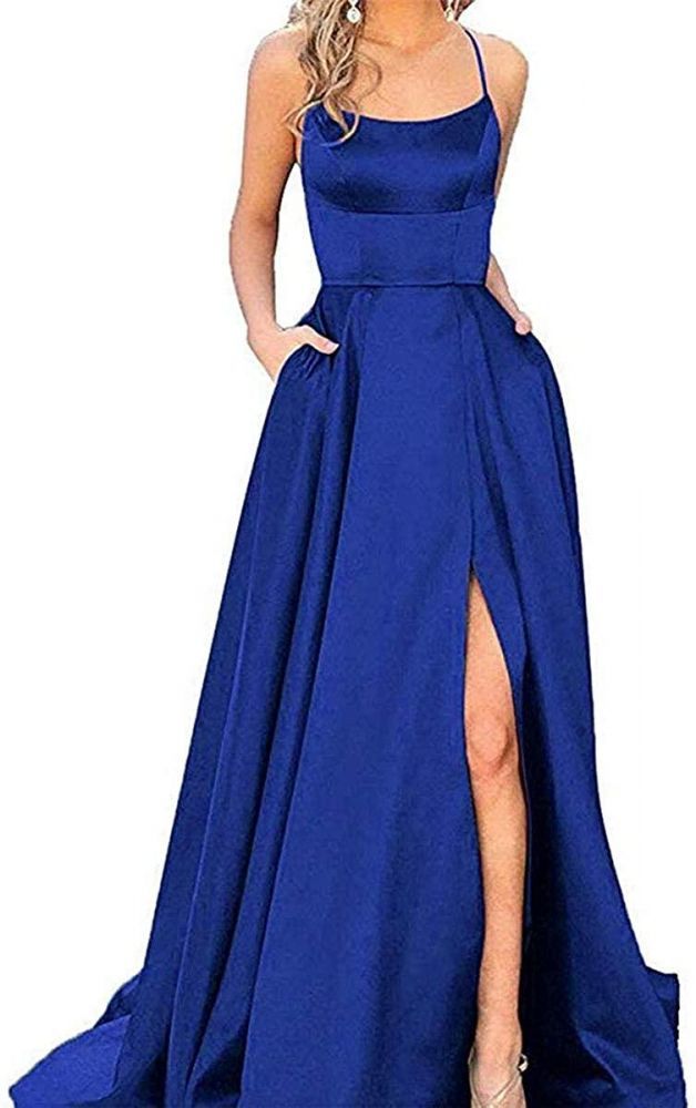 Stunning Spaghetti Straps Satin Evening Dress with Side Slit