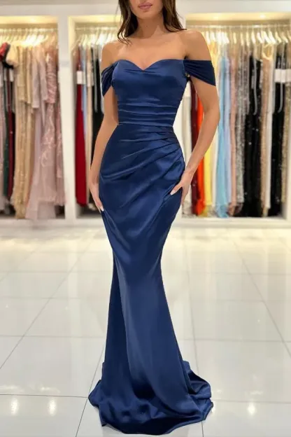 Navy Blue Prom Dress Off the Shoulder Mermaid Satin Evening Dress