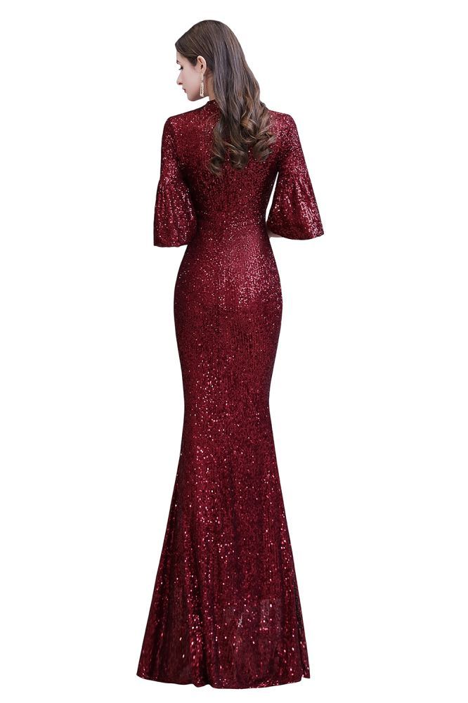 Glittering Half Sleeves Keyhole Mermaid Long Burgundy Prom Dress