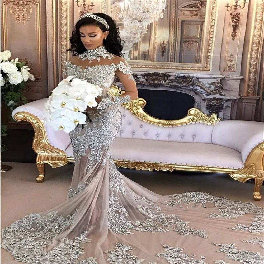 Long Sleeve Silver High Neck Popular Evening Dress Lace Mermaid Luxury Wedding Dresses BH-362