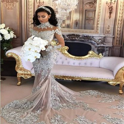 Long Sleeve Silver High Neck Popular Evening Dress Lace Mermaid Luxury Wedding Dresses BH-362