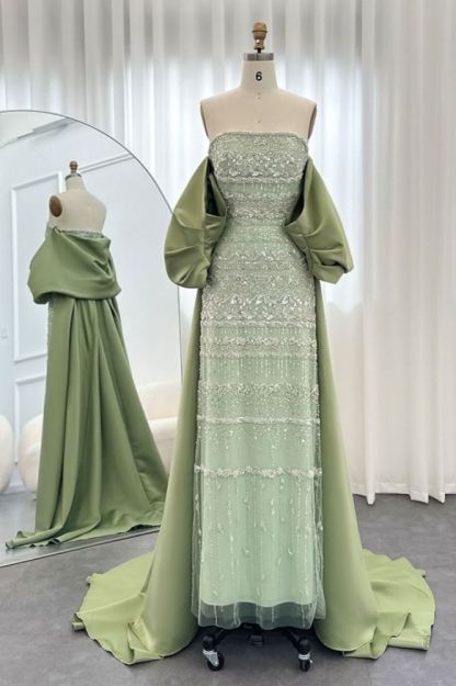 Gorgeous Strapless Glitter Beading Satin Mermaid Evening Gown with Ruffle Chapel Train