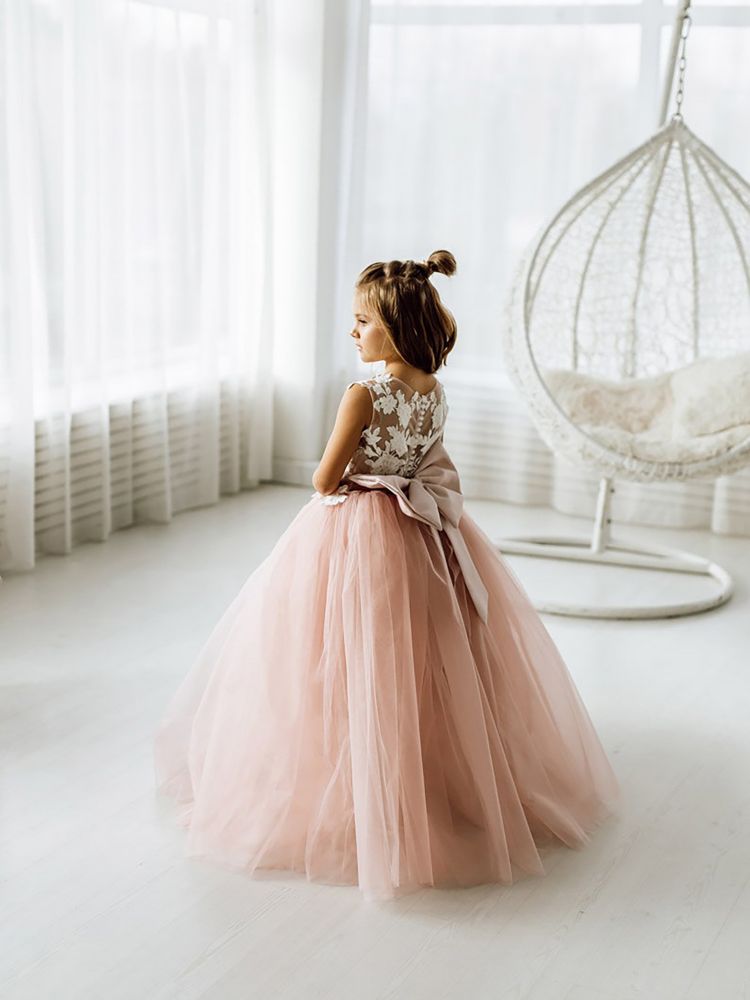 Dusty Pink Flower Girl Dress Tulle Sleeveless Lace First communion dress for girl Birthday Party Dress Bowtie with Train-Babyonlinewholesale