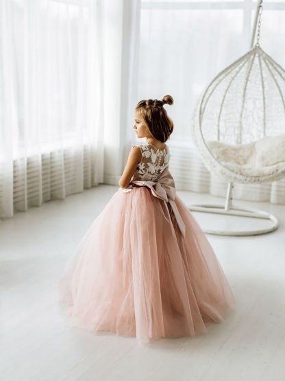 Dusty Pink Flower Girl Dress Tulle Sleeveless Lace First communion dress for girl Birthday Party Dress Bowtie with Train-Babyonlinewholesale
