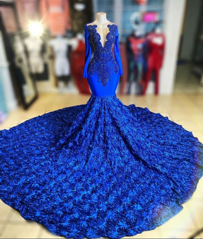 slim fit dress slacks Empire-Waist Long Beaded Mermaid Prom Dress KV1094 Royal / 2 main image 1