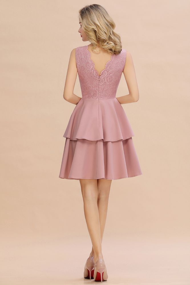 Sexy V-neck V-back Knee Length Homecoming Dresses with Ruffle Skirt | Burgundy, Navy, Pink Dress for Homecoming-Babyonlinewholesale