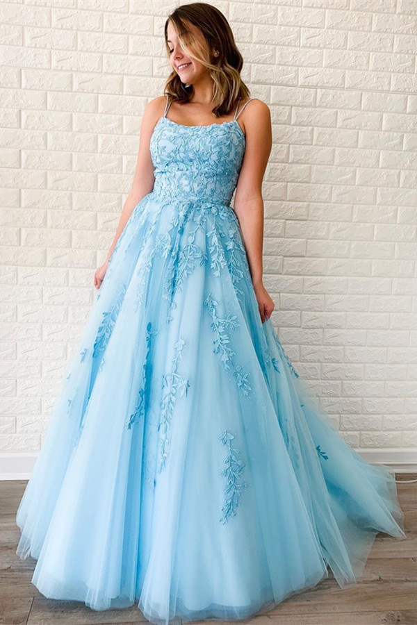 Strapless Blue A-line Lace Princess Prom Dresses