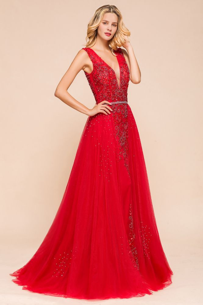 Sexy Open Back Plunging V-neck Sleeveless Ruby Red A-line Prom Dress with Beaded Belt