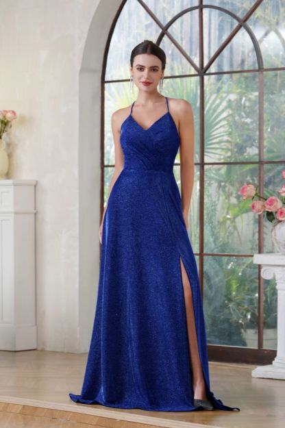 Sexy Halter Glitter Side Split Party Dress V-neck Long Prom Dress with Pocket