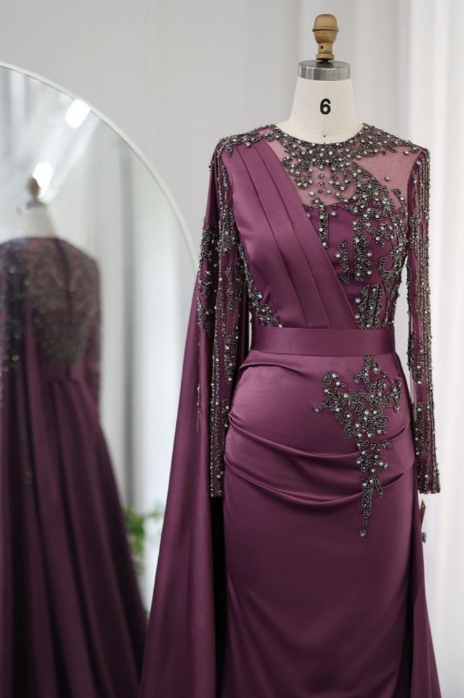 Gorgeous Long Sleeves Ruffle Satin Mermaid Evening Gown Dubai Formal Dress with Rhinstones Embellishments-Babyonlinewholesale