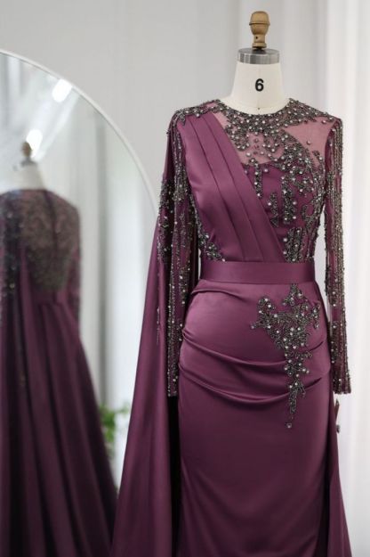 Gorgeous Long Sleeves Ruffle Satin Mermaid Evening Gown Dubai Formal Dress with Rhinstones Embellishments-Babyonlinewholesale