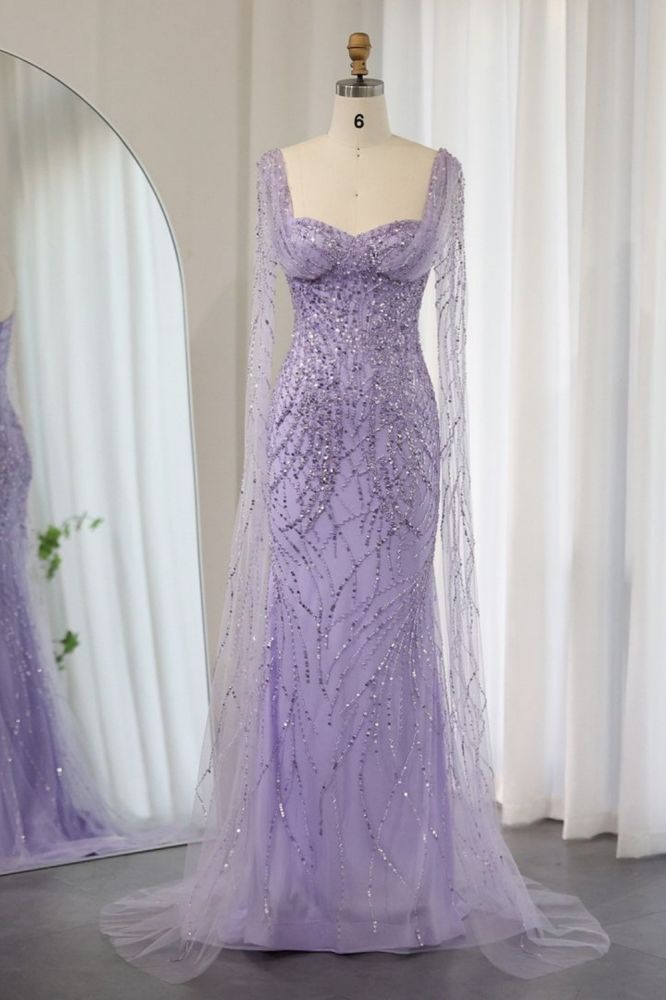 Gorgeous Sweetheart Lilac Mermaid Evening Gowns with Cape Sleeves Glitter Beading Sequins Long Wedding Party Dress-Babyonlinewholesale