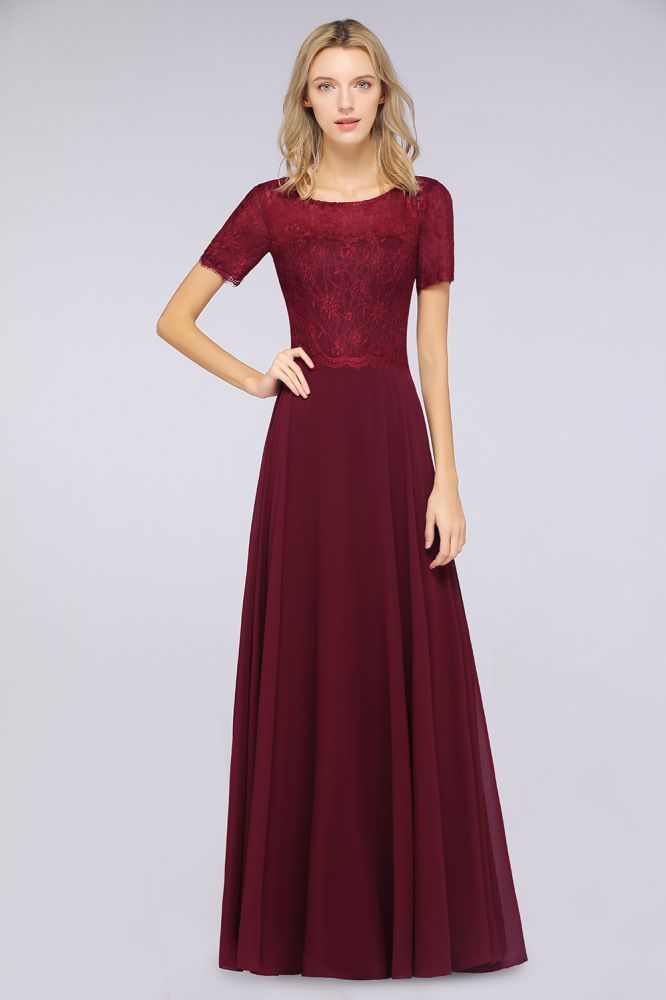 Chiffon A-Line Lace Round-Neck Short-Sleeves Long Bridesmaid Dress