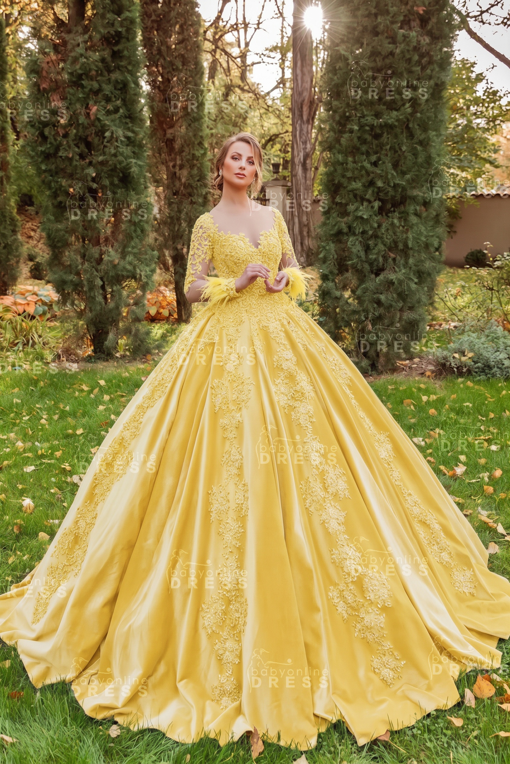 Gorgeous Long Sleeves Velvet Ball Gown with 3D Floral Appliques