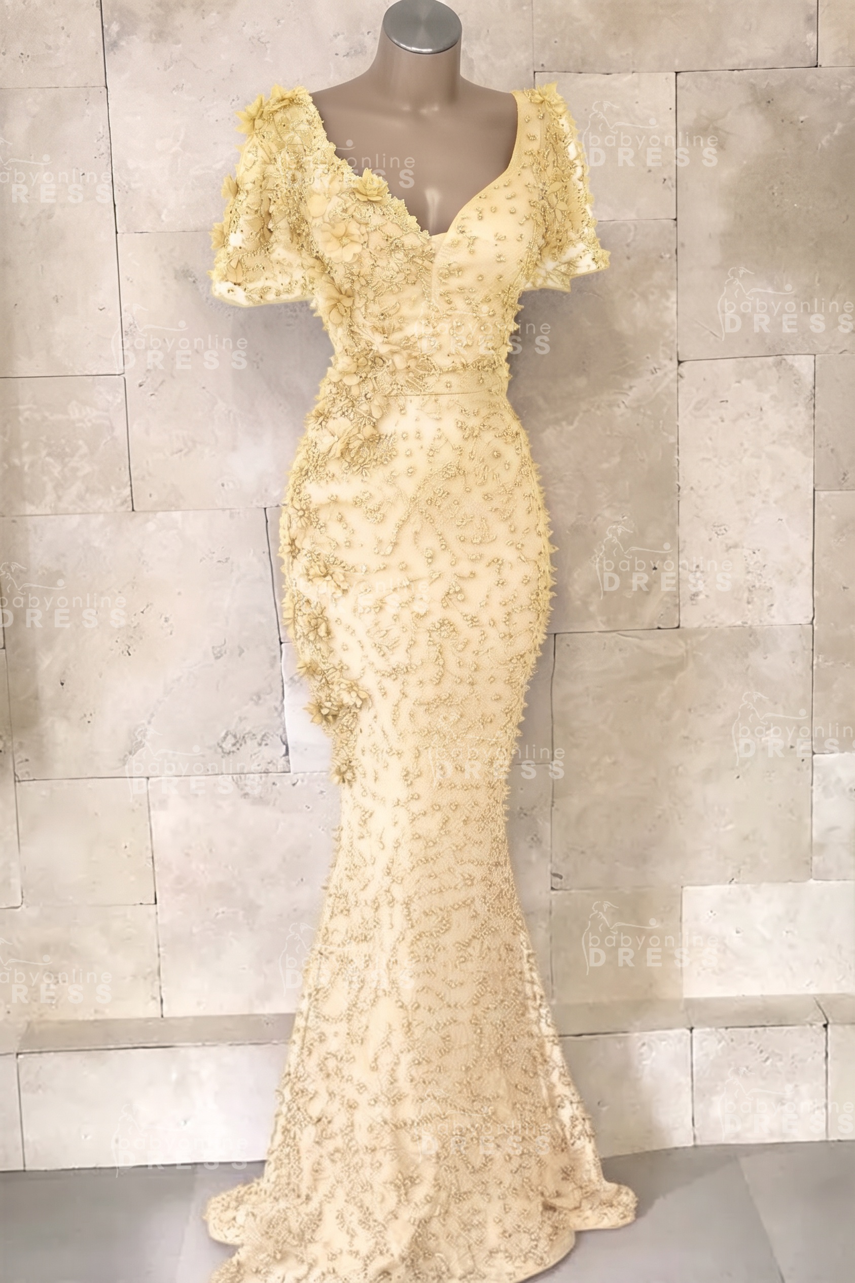 Glamorous V-Neck Short Sleeves Beading Flower Mermaid Floor-Length Prom Dresses