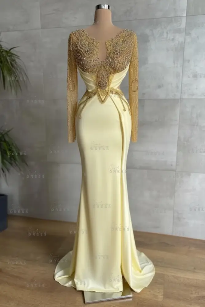 Gold Long sleeves Satin Mermaid V-neck Prom Dresses