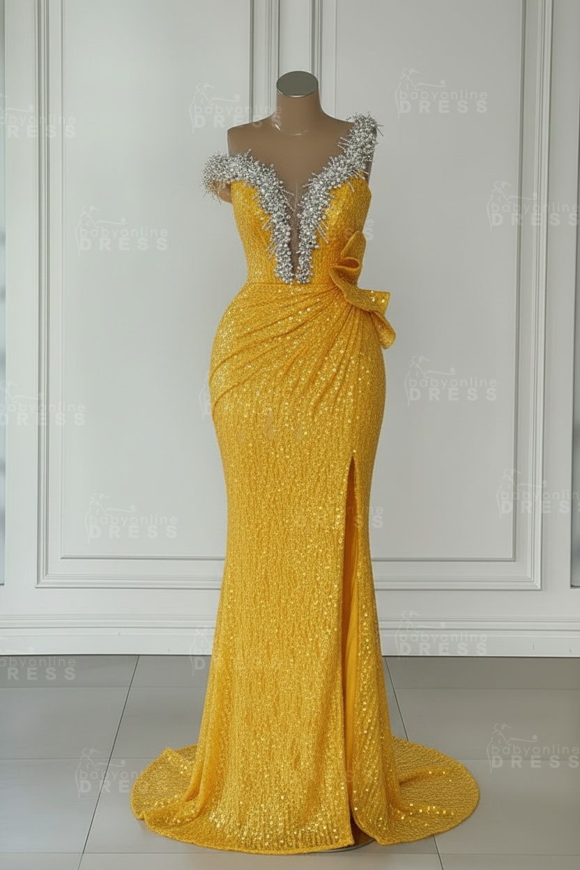 One Shoulder Sequins Sleeveless Long Mermaid Prom Dress