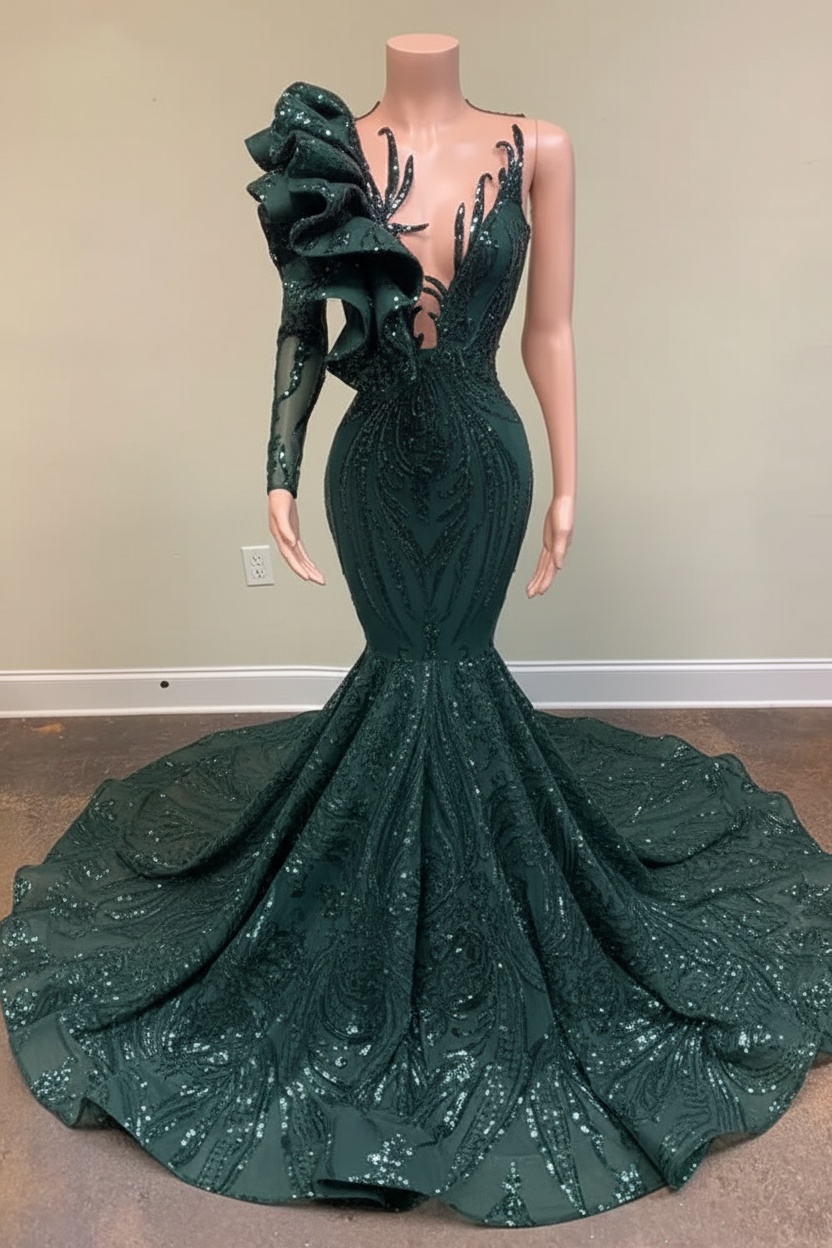 Chic Black Long Sleeve Asymmetrical Floor Length Mermaid Prom Dress