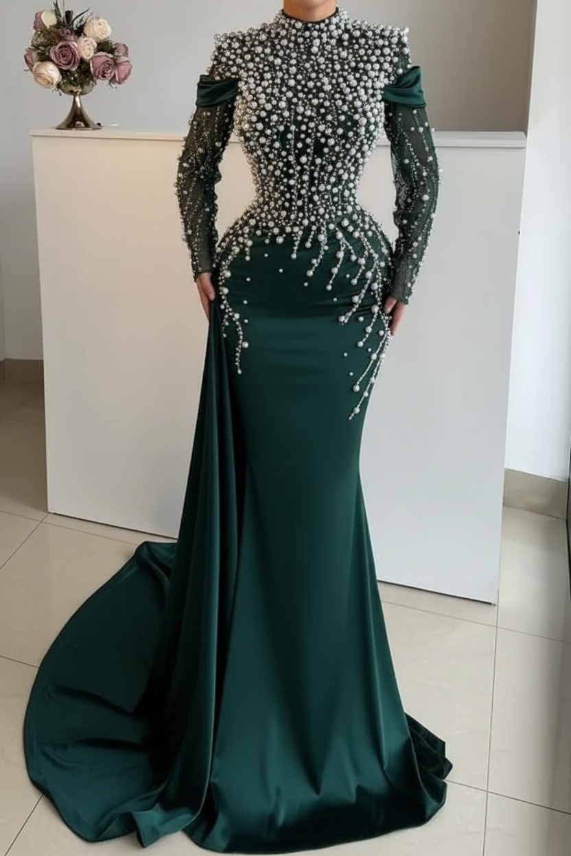 Unique High Neck Beading Long Sleeve Mermaid Prom Dresses