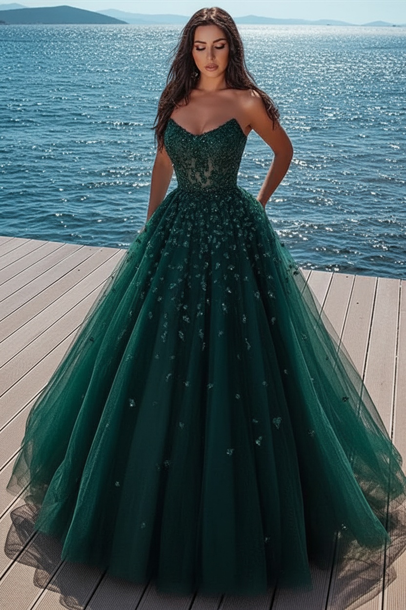 Elegant sky blue Butterfly Strapless Sweetheart Tulle Sparkle Prom Dress