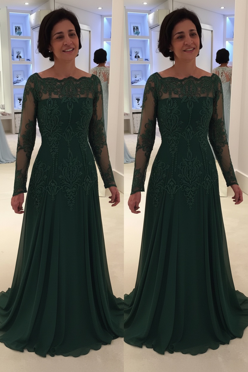 Elegant Floor-Length Lace Long-Sleeves A-line Mother of the Bride Dress 