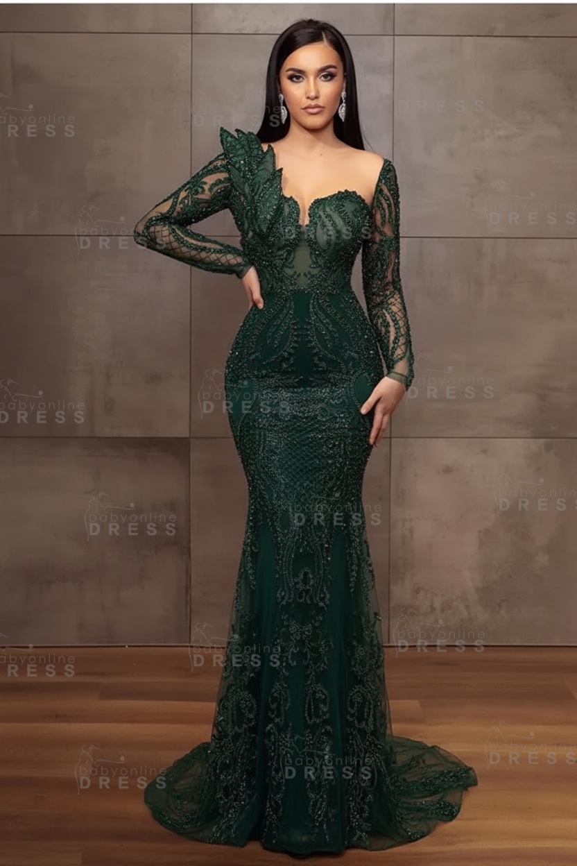 Stunning Burgundy Beadings Long Sleeves Mermaid Prom Dress