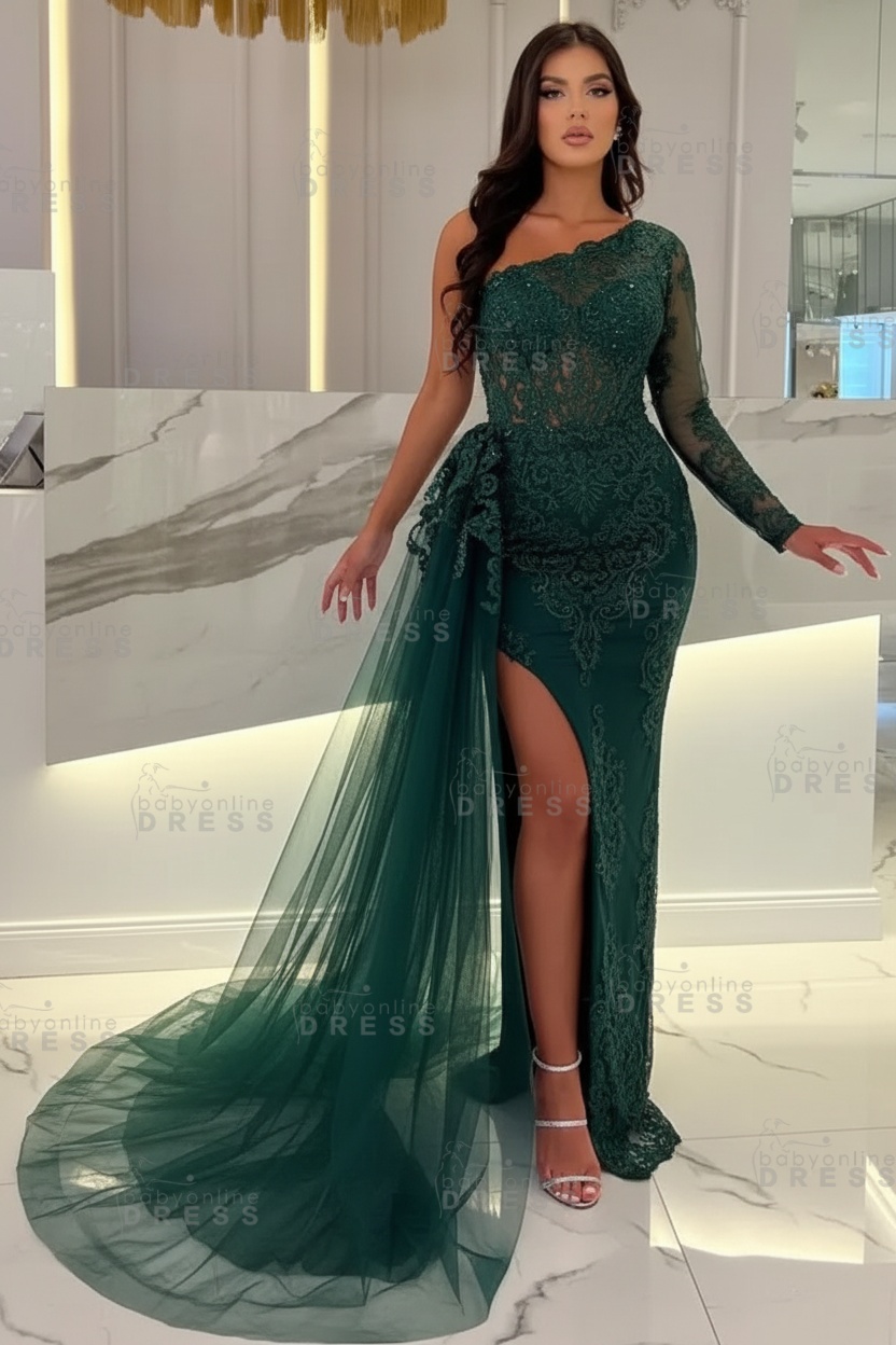 Sexy Sky blue One-shoulder Mermaid Prom Dress Tulle with High split