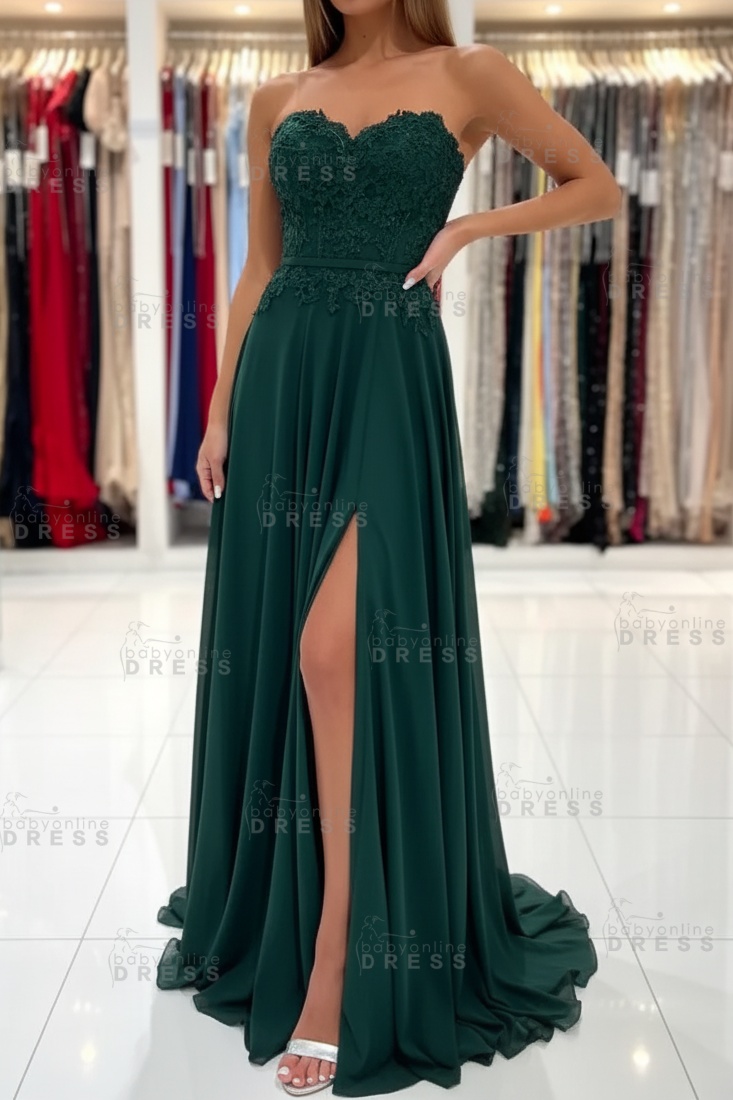 Sweetheart Strapless A-Line Chiffon Floor Length High Split Prom Dress