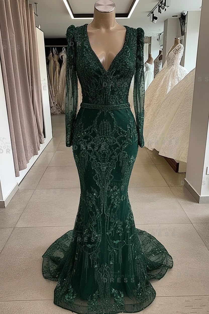 Gorgeous Mermaid Lace Beading V Neck Long Sleeves Prom Dresses | Evening Gowns With Beading Waistband