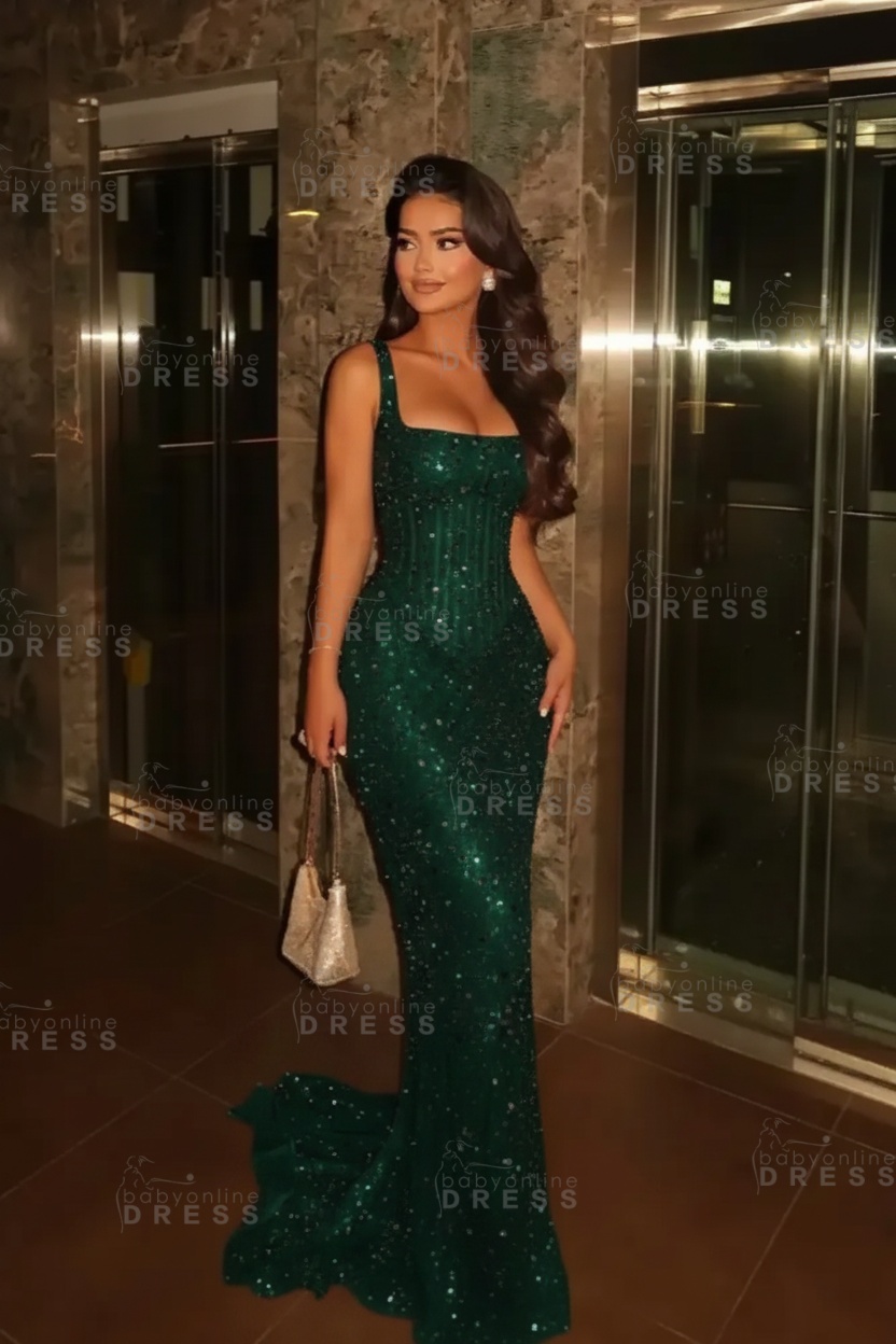 Glitter Spaghetti Straps Sequins Mermaid Prom Dress Floor Length