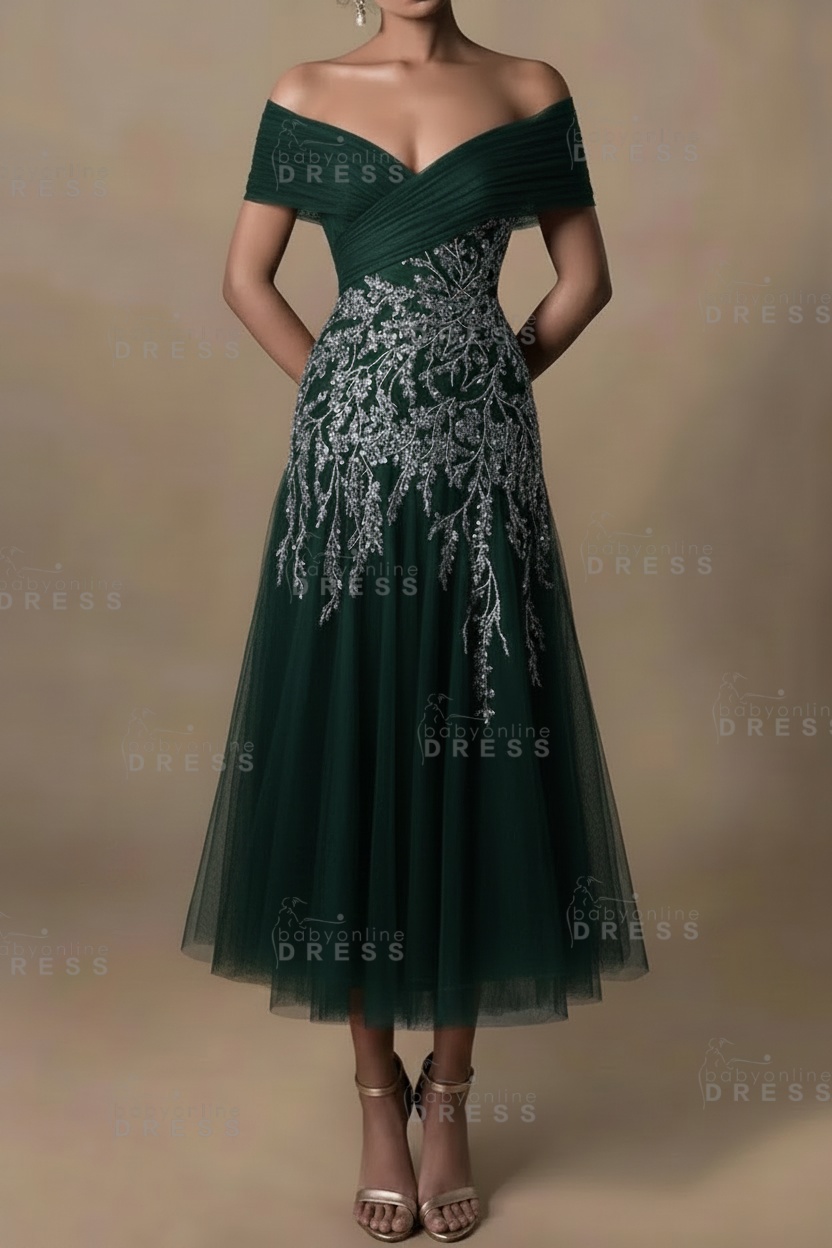 Champagne V-Neck A-Line Tea Length Prom Dress Tulle Mother of the Bride Dress
