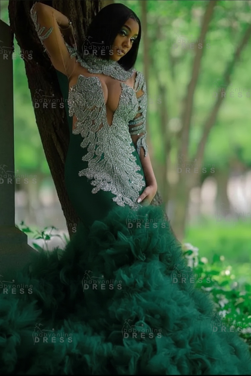 Glamorous Slim Mermaid Evening Gowns with sleeves Beadings Prom Dress