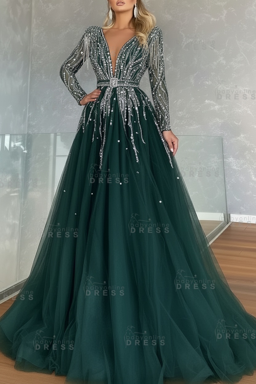 Long Sleeves V-neck Ball Gown A-line Prom Dress with Beadings