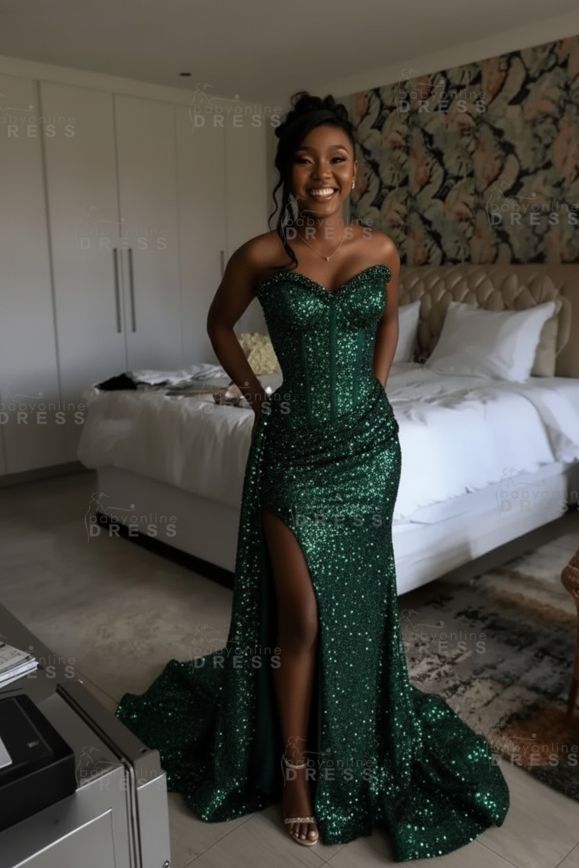Sexy Orange Mermaid Prom Dress with Sequins High Split Strapless Long Party Dress