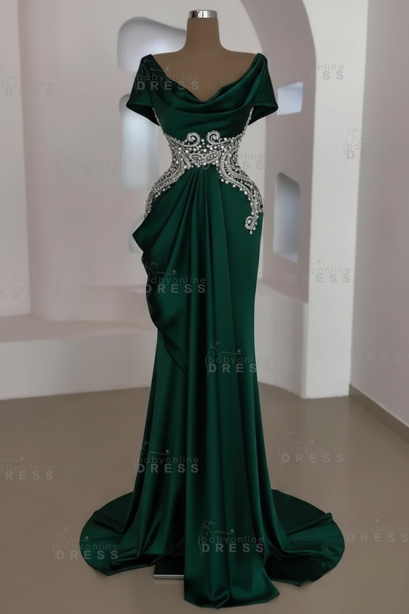 Short sleeves Mermaid Round neck Gray Prom Dresses
