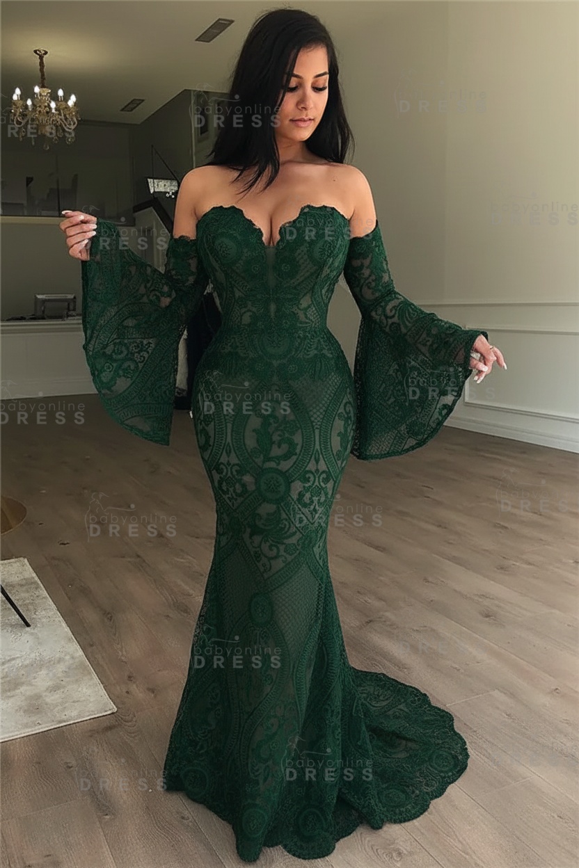 Off-the-Shoulder Long Sleeves Lace Floor-Length Mermaid Evening Dress