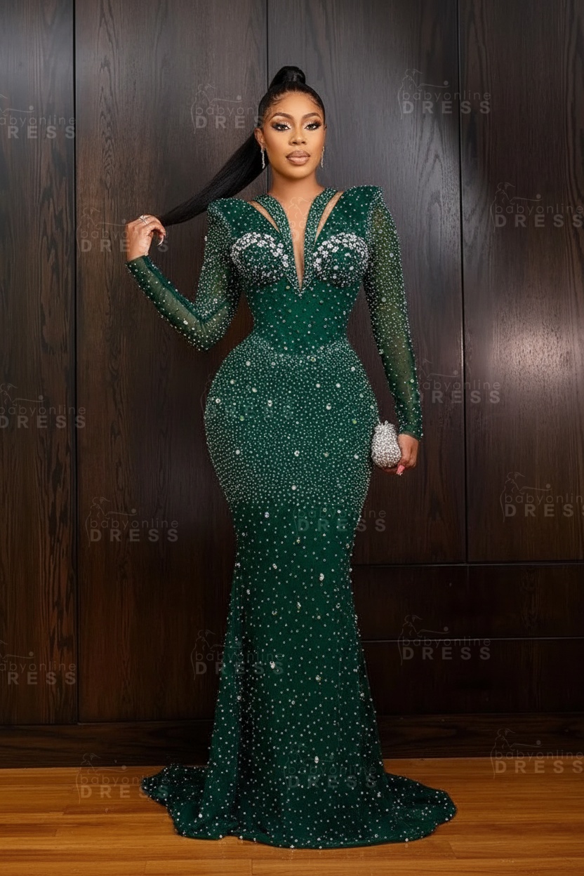 Green V-Neck Beadings Long Sleeves Floor-Length Mermaid Prom Dress