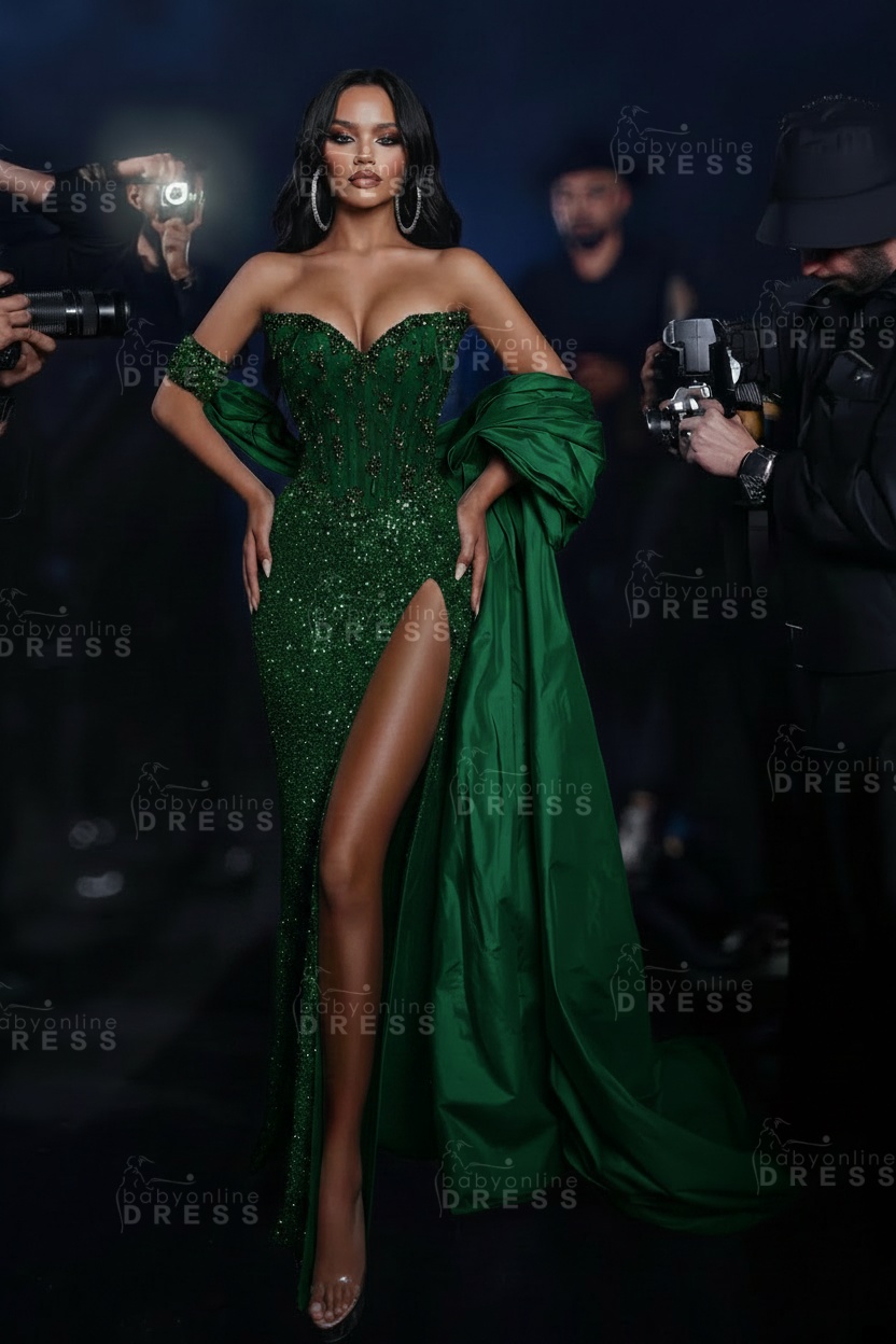 Sexy Strapless Sweetheart Crystal Mermaid Evening Dresses with Slit